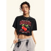 Women Cotton Crop Washed T-Shirts Hand Picked Cherries Prints Short Sleeve Oversize O-Neck Distressed Tops Female Street Clothes