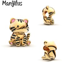 Manyilus Gold Plated 925 Sterling Silver Cute Tabby Cat Charm for Original Bracelet & Necklace Enamel Pet Jewelry Gift