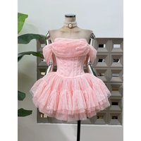 New Fashion Pink Lace A Line Dress Women Sexy Off Shoulder Mesh High Quality Paty Evening Prom Cocktail Dresses Club Vestido
