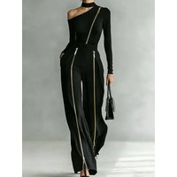2026 Women's Long Sleeve Pullover Top and Wide Leg Pants Set Solid Zipper Patchwork Spring Summer Outfit Streetwear