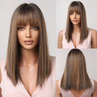 Bob Medium Length Straight Bangs for Women Brown Blonde Mixed Synthetic Wigs Daily Cosplay Heat Resistant Fiber