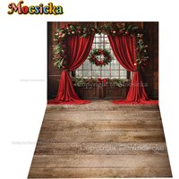 Mocsicka Rustic Red Christmas Backdrop Photography Fireplace Xmas Tree Wreath Gift Wooden Floor Background Family Holiday Photo