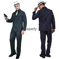 New Halloween Men's Gangster Cosplay Costume Deluxe Slim Striped Suit Jacket Pants Suit Carnival Mafia Costumes For Adult