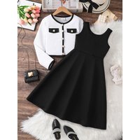 8-12Y Girls' Spring and Autumn Simple and Elegant Dress Set, Solid Color Sleeveless A-Line Pleated Knee-Length Skirt + Button-Down Long-Sleeved Vest, Suitable for Girls' Daily Casual Party Dress Set