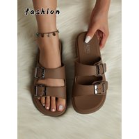 New Spring and Summer Women's Fashionable Casual Slippers with Double Straps and Double Buckles, Adjustable Design, Breathable, Non-Slip, Suitable for Beach, Home, Outdoor, Office, Walking, Versatile