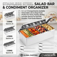 3/4/5 Grid Stainless Steel Garnish Dispenser Tray Condiment Dispenser with Lid Compartmental Bar Garnish Station for Kitchen