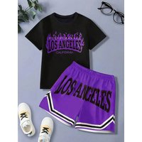 Flame Los Angeles letter graphic printed short sleeved T-shirt and shorts set, comfortable summer boys' clothing