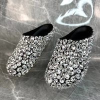 Silver Big Diamond Round Toe Flat Slipper Women Bling Cover Mules Black Leather Sole Fashion Crystal Glitter Fashion Casual Shoe