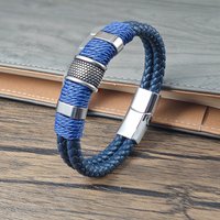 New Blue Braided 5 Colors Leather Stainless Steel Men Bracelet Magnetic Buckle Handmade Wristband for Men Casual Daily Wear