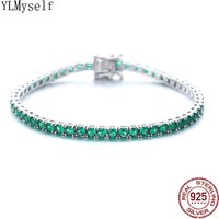 Fine Jewelry Pave 3MM Emerald Green Cubic Zircon Hip Hop Rock Chain For Women/Men Real 925 Silver Metal Tennis Bracelet