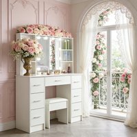 Teousev White Vanity Set, 10 Shelves 7 Drawers & Stool, 3 Color Dimmable LED Bulbs Mirror, Bedroom Makeup Dresser for Women