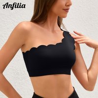 Anfilia Women Sports Bras Fashion Fitness One-Shoulder Design Scalloped Built-In Bras Quick Dry Breathable Yoga Gym Running Tops