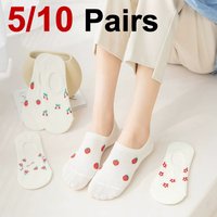 5/10 Pairs Women Fruit Printed Short Socks Fashionable Cartoon Pattern Sweat Absorbing Breathable Invisible Low Cut Casual Socks