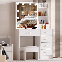 Modern White Makeup Vanity Desk with LED Lighted Mirror, 6 Storage Drawers & Comfort Stool, Dressing Table Set for Bedroom
