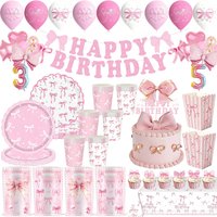 Bow Theme Birthday Party Decoration Pink Bow Tableware Cup Plate Napkin Balloon Set Gift Bag Banner Girl Birthday Party Supplies