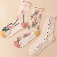 3 Pairs of High-Value Tulip Flower Girl Glass Stockings Are Comfortable Soft Breathable and Cute Women's Long Socks