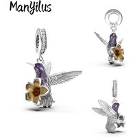 Manyilus 925 Sterling Silver Hummingbird & Flower Dangle Charm for Original Bracelet & Necklace Cubic Zirconia Jewelry Gift