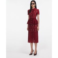 Elegant Red Fashion Set Dress Women Commute Lace Waist Slimming Split Short Sleeve Trendy Open Slit One Step Skirt Ensemble