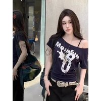 Retro American Short Sleeve T-Shirt Women's Summer Design Spicy Girl Slim Fit Shoulder Print Top Korean Style Cotton Blend