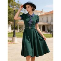 Tonval Contrast Collar Ruffles Detail Vintage Summer Swing Dress 1950s Party Wear Women Belted Elegant Dresses