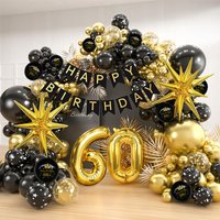 60th Black Gold Balloon Garland Arch Kit Happy Birthday Banner Number 60 Starburst Foil Balloons for Men Women Party Decorations
