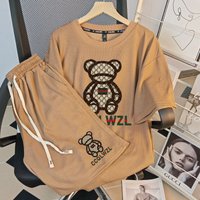 Women Summer Casual Suit Ladies Fashion Cartoon Printing Short Sleeve T-Shirt Simplicity Solid Color Trend Shorts Two-piece Set