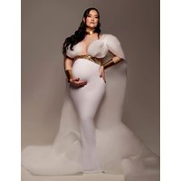 High-grade Cloak Style White Maternity Dresses for Babyshower or Photoshoot Special Elegant Gender Reveal Parties