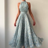 Women Dresses Print Dress Floral Halter Collar Sleeveless Ankle Length Cinched Waist Slight Strech Casual Loose Fit 2026 Summer