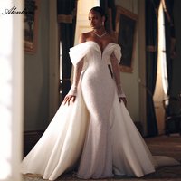 Alonlivn Custom Made Shiny Beading Pearls Mermaid Wedding Dresses Off-the-Shoulder Sleeves Removable Train 2 In 1 Bride Gowns