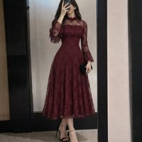 Eightale Arabic Evening Dress High Neck Customized Lace Burgundy Tea Length A-Line Long Sleeves Girl Prom Wedding Party Gown