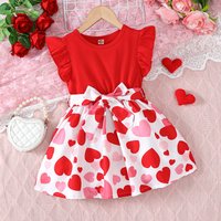 Girls' fashionable casual red knitted fabric spliced with love print skirt, round neck flying sleeve dress, summer