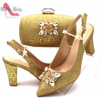 Nigerian Women Shoes and Bag Set in Gold Color High Quality New Arrivals Classics Style for Garden Party