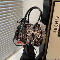 Vintage Leopard Pu Shoulder Bags for Women Portable Trendy Ladies Crossbody Bag Lace Pearl Pendant Female Bowling Handbags