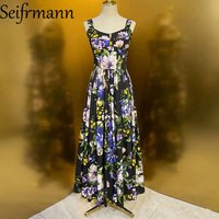 Seifrmann 2026 Summer Women's New Fashionable Suspenders Cotton Printed Waist cinching Beach Long Dress