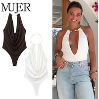 MUJER Sexy Women's Bodysuit White Ring Halter Bodys for Women Ruched Backless Top Woman off Shoulder Bodysuits Women One Pieces