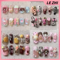 Cartoon Kawaii Rilakkuma Long Square Stiletto Handmade Full Cover Nails Biscuit Strawberry Musical Notes Bow Pearl False Nails