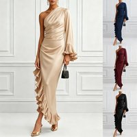 Elegant Women Long Dress Single Shoulder Lace Hem Party Dress Fashion Slimming Summer Lady High Street New Clothing