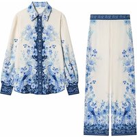 Women Blue Printing 2-Piece Set Women Lapel Long Sleeve Shirt + High Waist Straight Wide Leg Pants Loose Suit