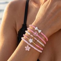 Dainty Floral Imitation Pearl Chain Bracelet Set for Women Dopamine Flower Bow Beaded Stretchy Bracelets Summer Jewelry Gift