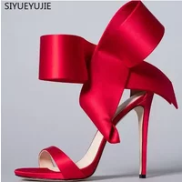 Summer Red Black Green Satin Big Butterfly Knot High Heel Sandals Sexy Women Night Club Bow Tie One Line Ankle Strap Heels Shoes