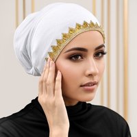Soft Stretch Inner Hijabs Elasticity Tie Back Shiny Golden Rhinestone Undercap Golden Floral Embroidery Plain Leaf Turban Women