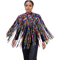 African Ankara Print Tassel Cape for Women, Colorful Fringe Shawl Open Front Poncho Bohemian Party Performance Outerwear wyB1057