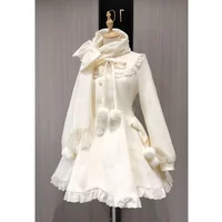 Japan Sweet Soft Girl Lolita Splicing Doll Collar Lace-Up Bow Single-Breasted Slim A-Line Long Coat Women Winter Woolen Coats