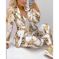 Two Piece Pant Sets Women Print Blazer Jackets Full Sleeve Coats Lapel Casual Belt Long Pants Work Office Lady Spring Autumn