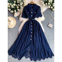 Elegant Lace Collar Dress Women's Summer Slimming A-Line Gown Heavy Embroidery Flared Skirt Short Sleeve Button Front Fit