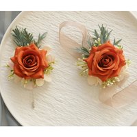Wedding Boutonniere Silk Rose Wrist Corsage Boutonniere Marriage Bridesmaid Bracelet Flowers Leaves (Orange)