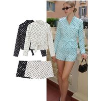 HH Casual Polka Dot Shirt Shorts Suits Women Pockets Button Long Sleeve Shirt Jacket With Belt Summer Mini Shorts Two-Piece Set