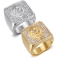 Men's Iced Out Lion Head Ring 23mm Chunky Gold Silver Color Stainless Steel Crystal Zirconia Square Rings for Man Punk Jewelry