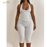 White Black Polka Dot Halter Neck Corset Jumpsuit Lace Up Backless Bodycon Capri Romper High Waist Shapewear Outfits For Party image 4