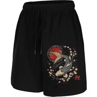 Men's Black Casual Shorts with Koi Fish & Cherry Blossom Print - Red Circle Design, Elastic Drawstring Waist & Pockets